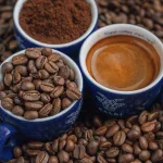 3 Kaldi 850 branded mugs, each filled with different forms of coffee